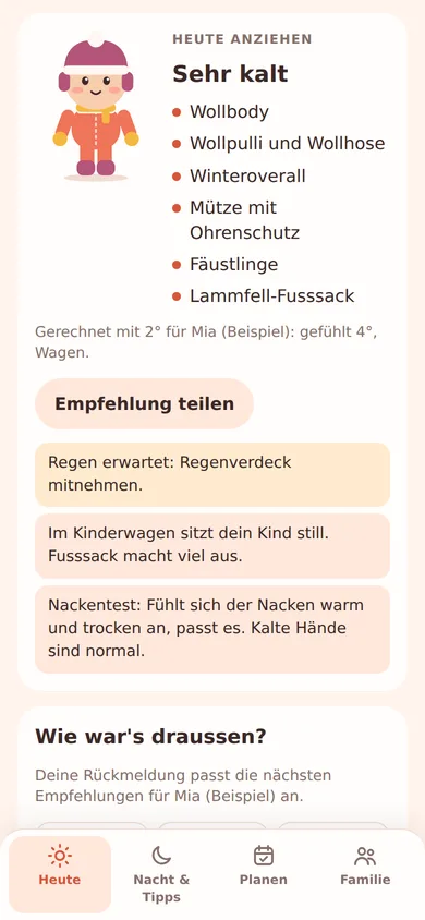 Ansicht der App mit der Kleiderempfehlung für heute